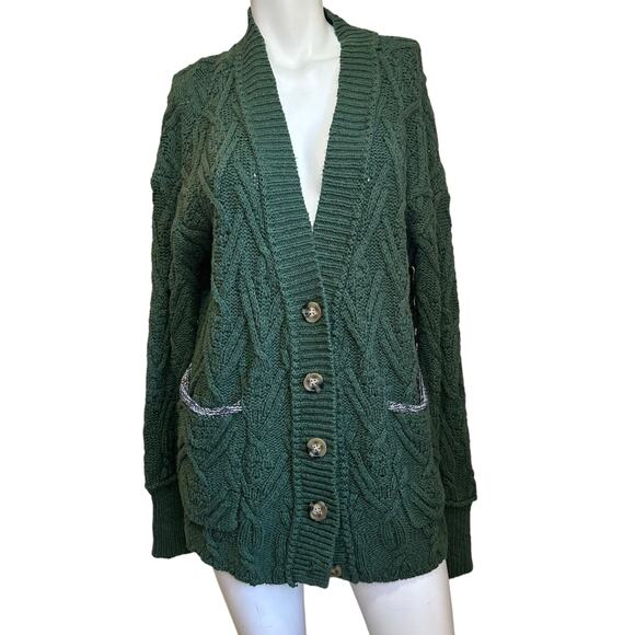 Free People Green Montana Cable Knit Chunky Oversized Cardigan Sweater sz XS - Picture 1 of 11